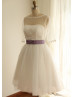 Polka Dots Tulle Elbow Sleeves Tea Length Wedding Dress
